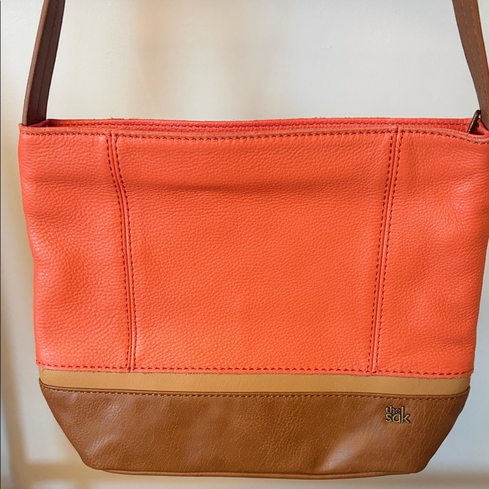 The Sak Coral and Brown Two-Tone Leather Shoulder Bag